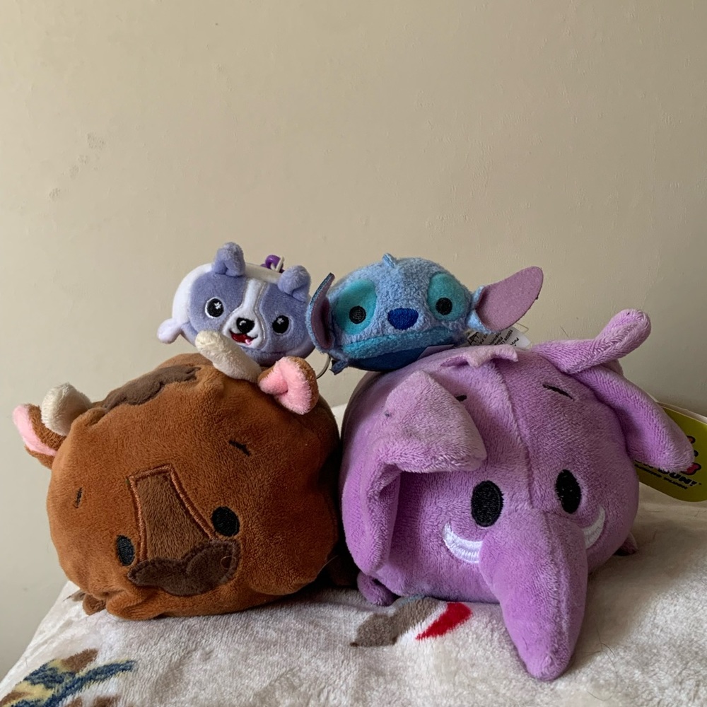 elephant and cow bun bun plushies/ stitch mini plushie and purple dog key chain.